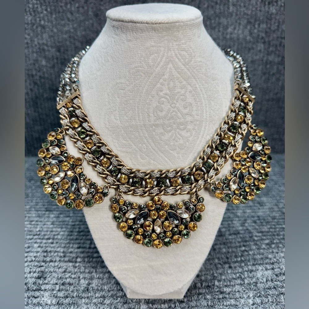 Vintage Statement Rhinestone Collar Necklace Citrine Green Costume 3 Strand Bead